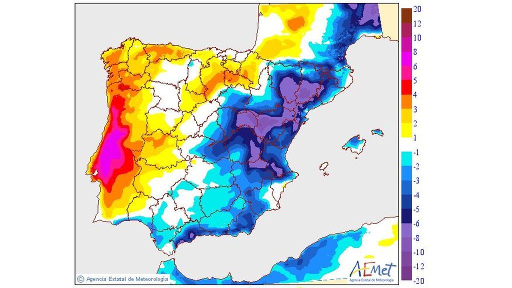 Variación de las temperaturas máximas el martes, 20 de agosto / Aemet