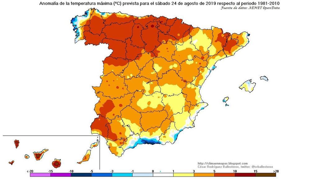 Anomalía de las temperaturas máximas prevista para el sábado / @crballesteros