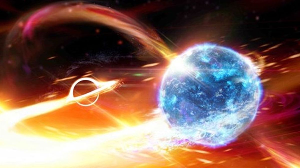Descripción artística de un agujero negro tragándose una estrella de neutrones