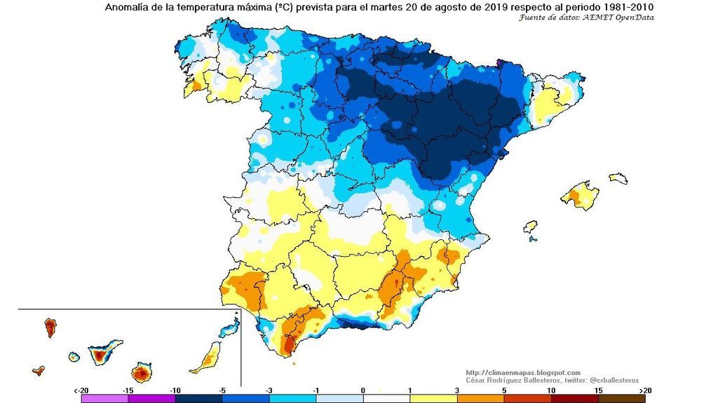 Anomalía de las temperaturas máximas prevista para el martes / @crballesteros