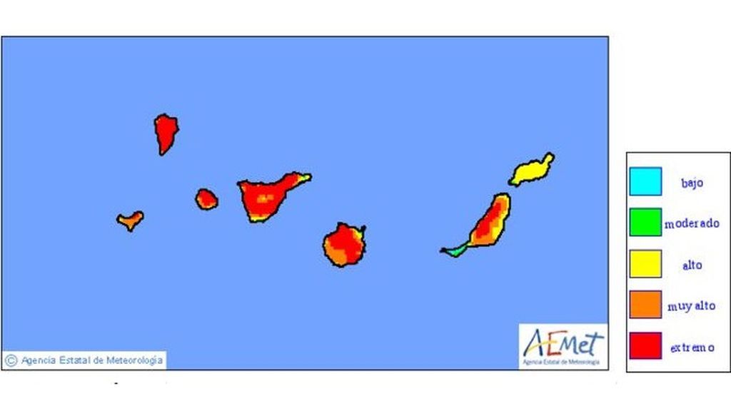 Mapa de niveles de riesgo de incendio previstos para el lunes / Aemet