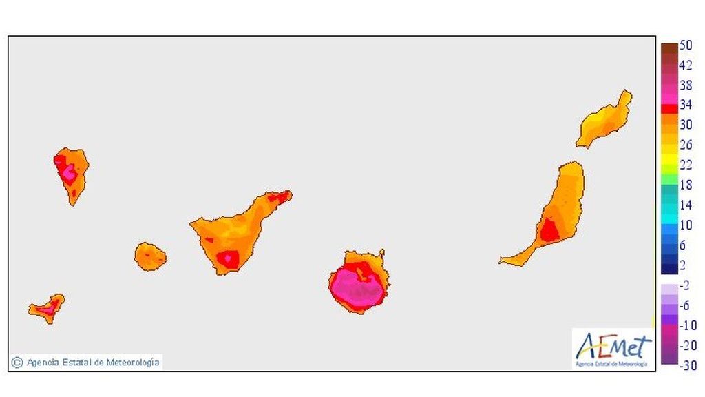 Temperaturas máximas previstas para el lunes en Canarias / Aemet