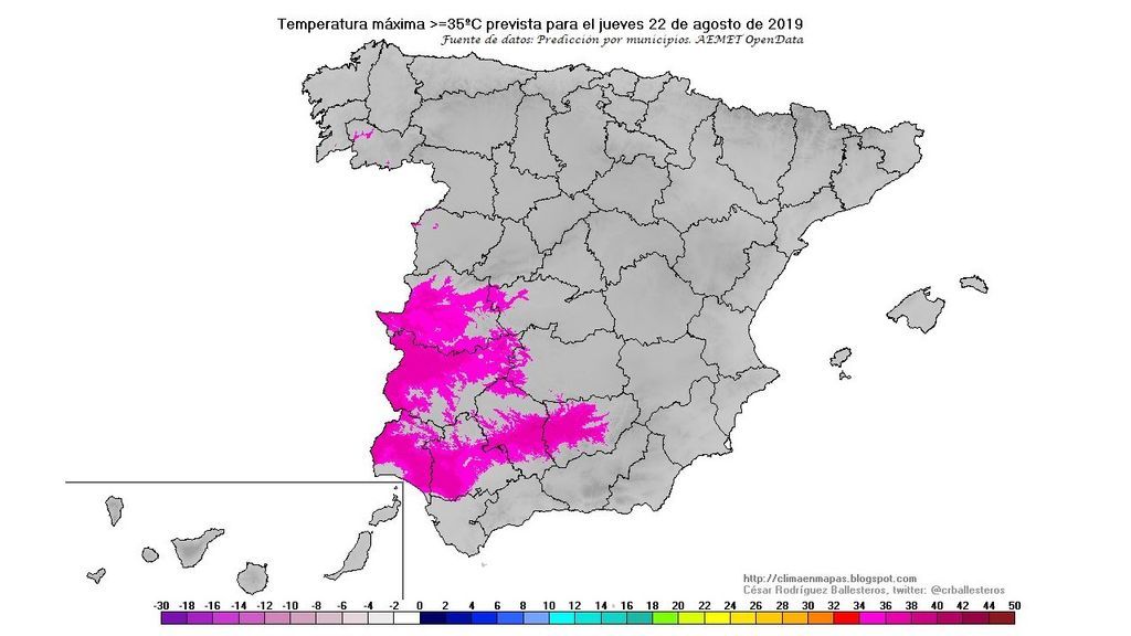 Máximas por encima de los 35ºC previstas para el jueves, 22 de agosto