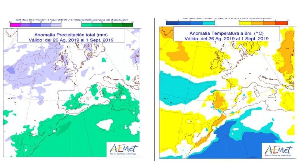 Anomalía de la precipitación y temperatura media del 26 de agosto al 1 de septiembre