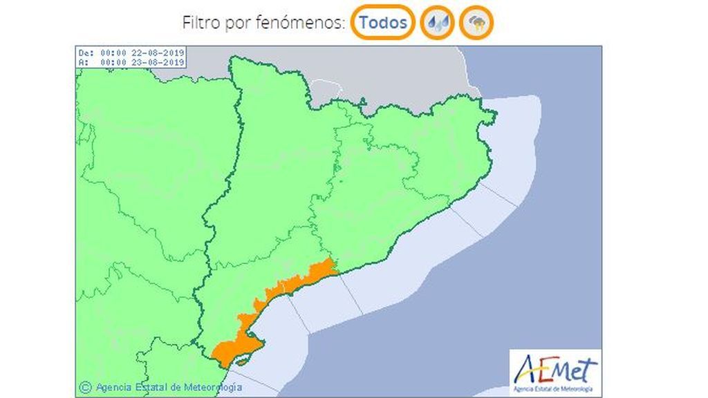 Aviso por tormentas y lluvias en el litoral de Tarragona previsto para la madrugada del jueves / Aemet