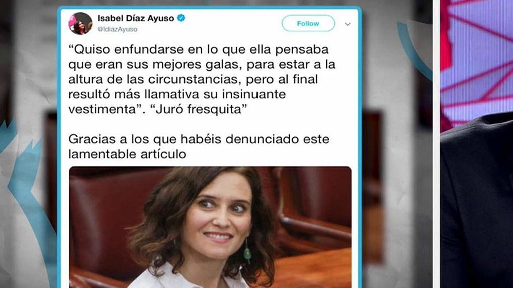 Isabel Díaz Ayuso agradece el apoyo contra la publicación machista de Arnau Vila sobre su vestido