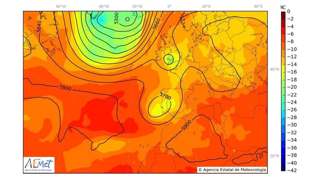 Temperatura y geopotencial a 500 hPa prevista para el comienzo del lunes / Aemet