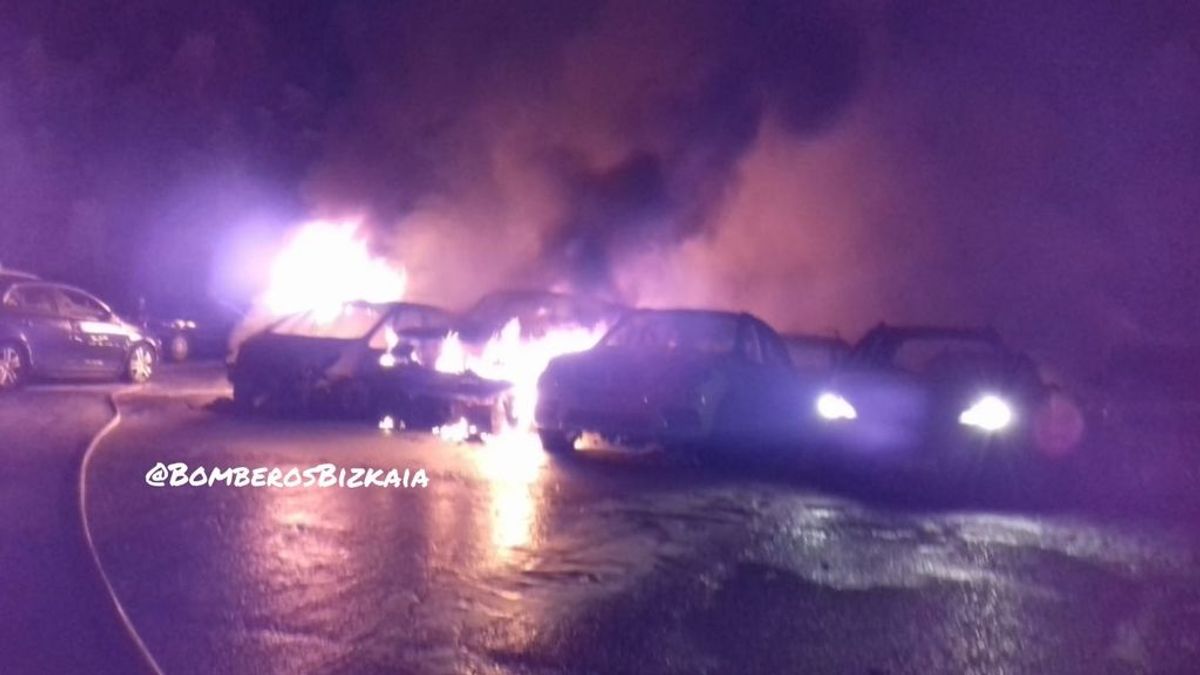 Calcinados 21 coches y ocho afectados en un incendio en una empresa de alquiler de vehículos en Zamudio