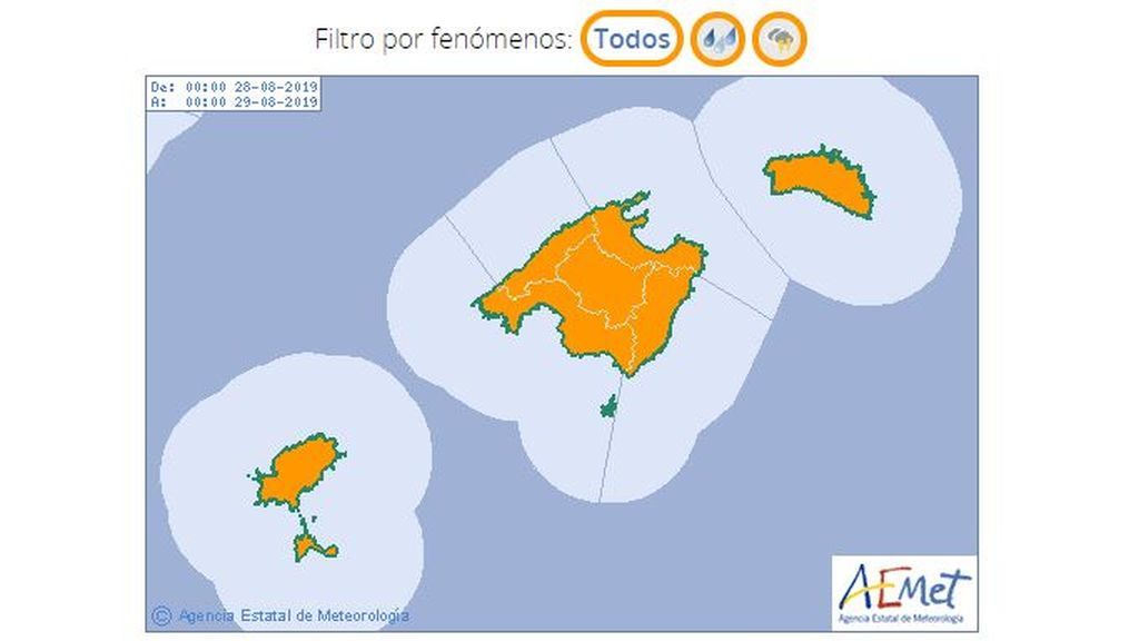 Aviso naranja por tormentas y lluvias en Baleares para el miércoles, 28 de agosto / Aemet