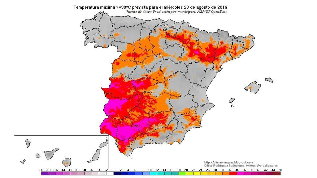 Temperaturas máximas ≥ 30ºC previstas para el miércoles, 28 de agosto / @crballesteros