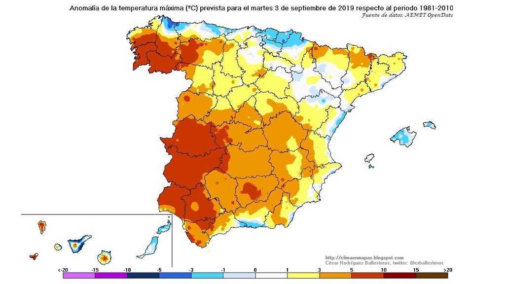 Anomalía de las temperaturas máximas previstas para el martes, 3 de septiembre