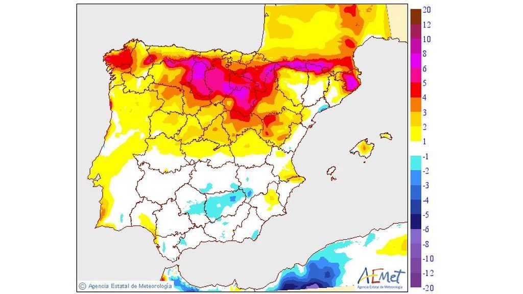 Variación de las temperaturas máximas prevista para el martes, 3 de septiembre / Aemet