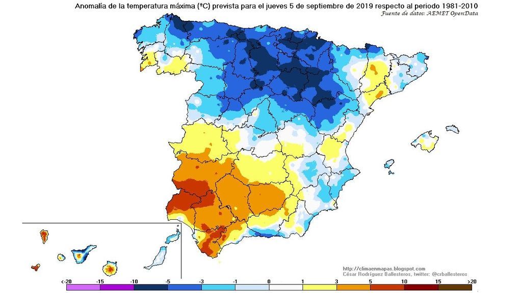 Anomalía de las temperaturas máximas prevista para el jueves, 5 de septiembre / @crballesteros