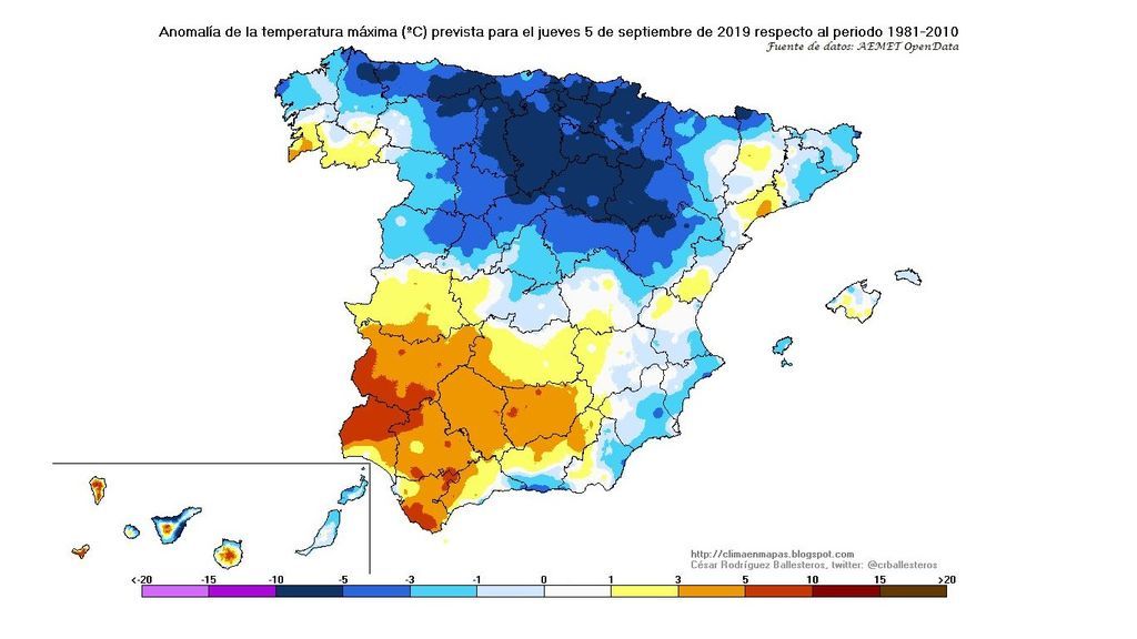 Anomalía de la temperatura máxima prevista para el jueves, 5 de septiembre / @crballesteros