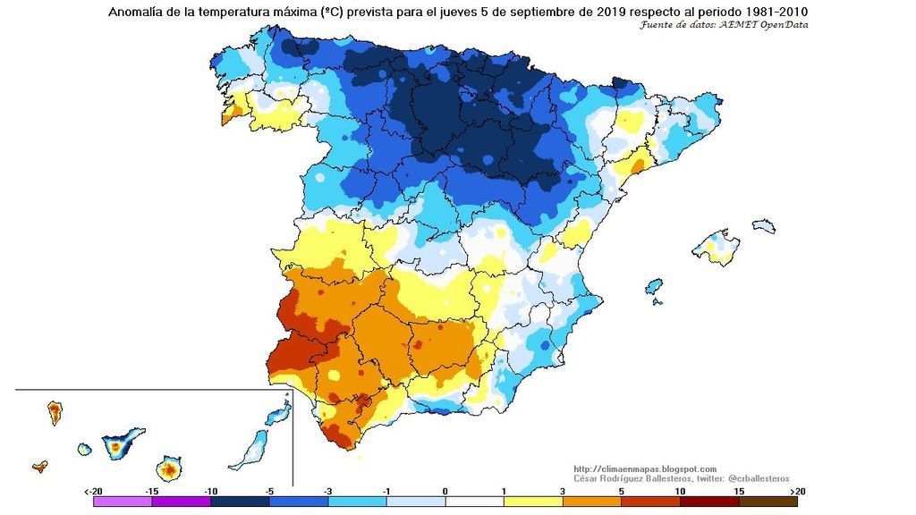 Anomalía de la temperatura máxima prevista para el jueves, 5 de septiembre / @crballesteros