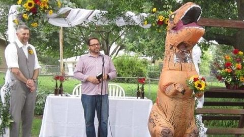 Resultado de imagen para Dama de honor se presentÃ³ en la boda vestida de dinosaurio