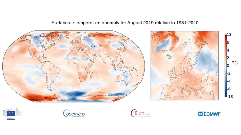 Anomalía de la temperatura media en superficie a escala global en agosto de 2019 / Copernicus