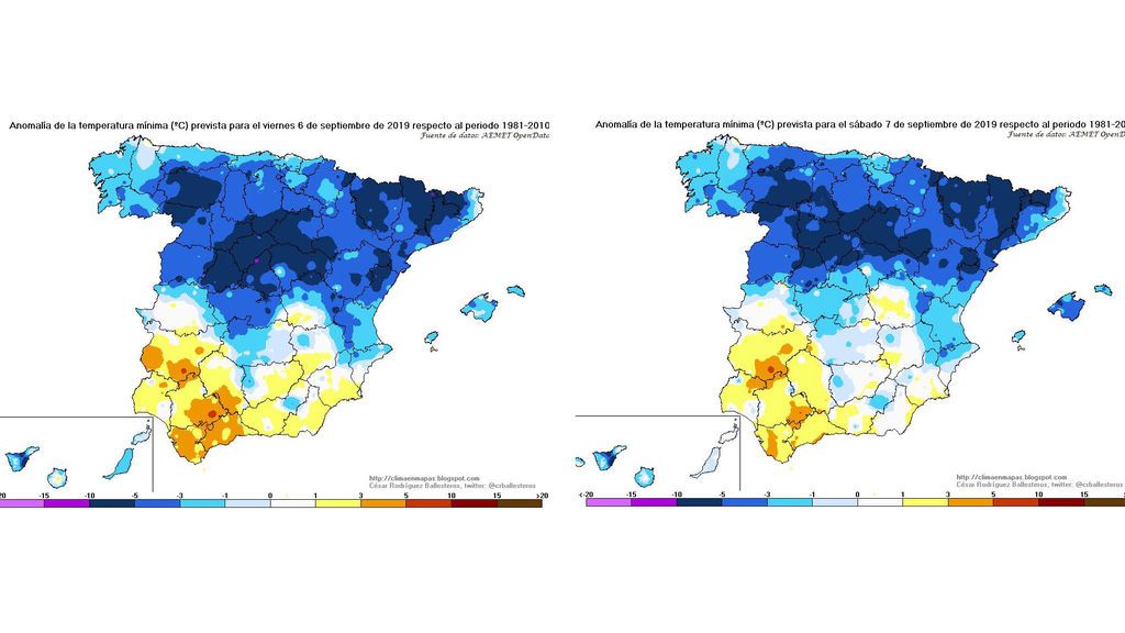 Anomalía de las temperaturas mínimas previstas para el viernes y sábado / @crballesteros