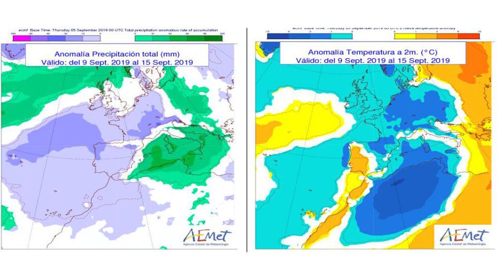 Anomalía de la temperatura y precipitación media previstas para la semana que viene / Aemet