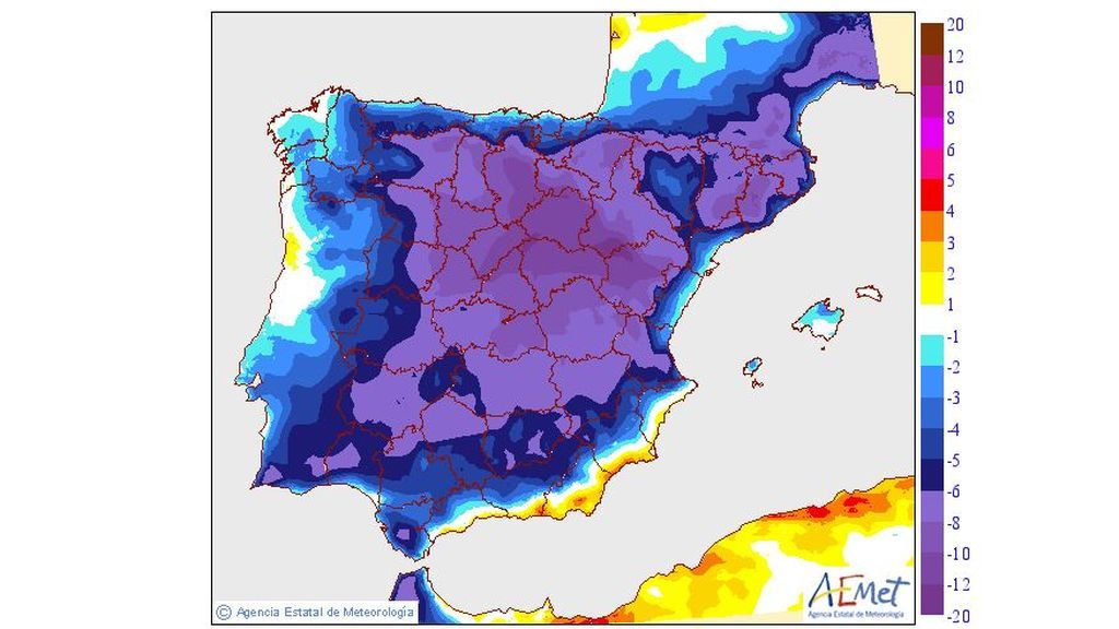 Variación de las temperaturas máximas prevista para el martes, 10 de septiembre / Aemet