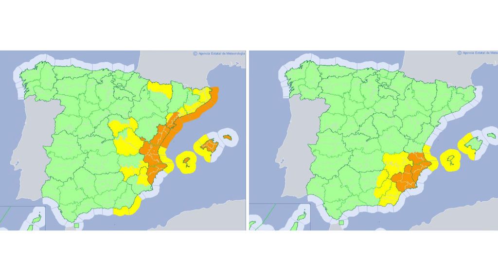 Avisos previstos para el miércoles y jueves, respectivamente, por lluvias, tormentas, oleaje y viento / Aemet