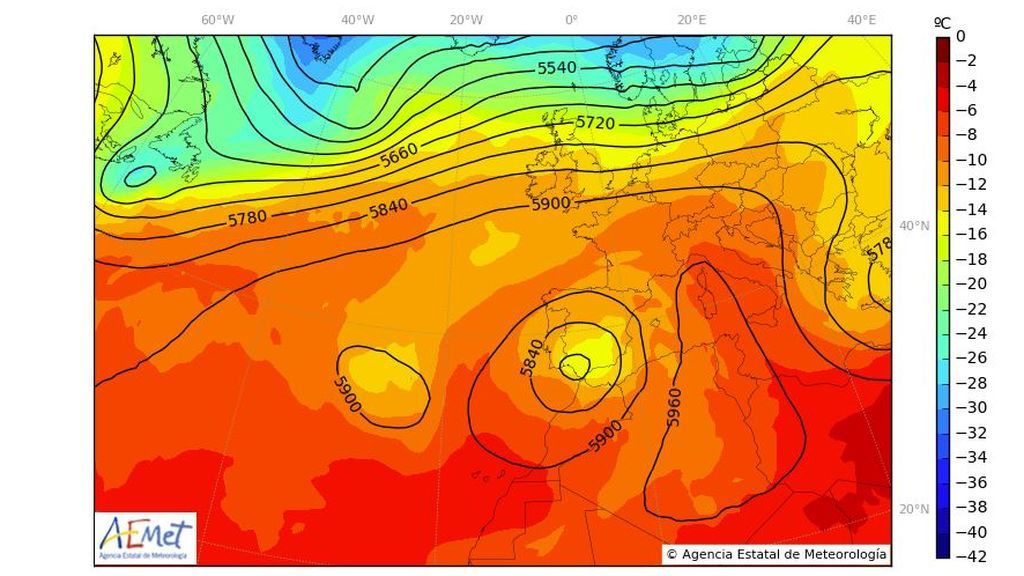 Posición de la DANA prevista para la tarde del viernes a 500 hPa