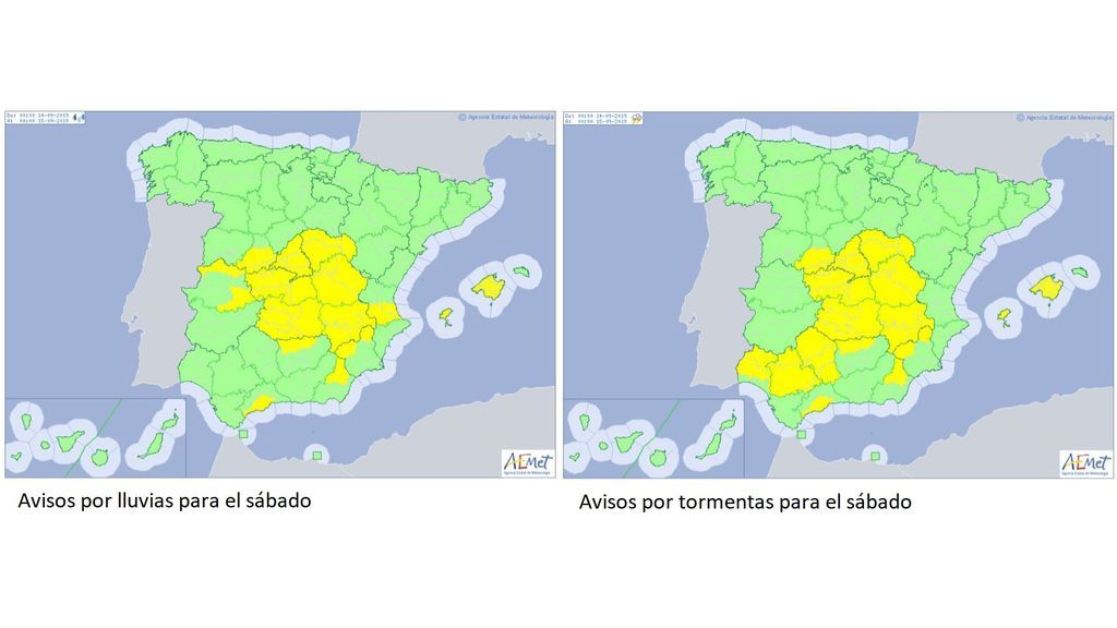 Avisos por lluvias y tormentas previstos para el sábado, 14 de septiembre / Aemet