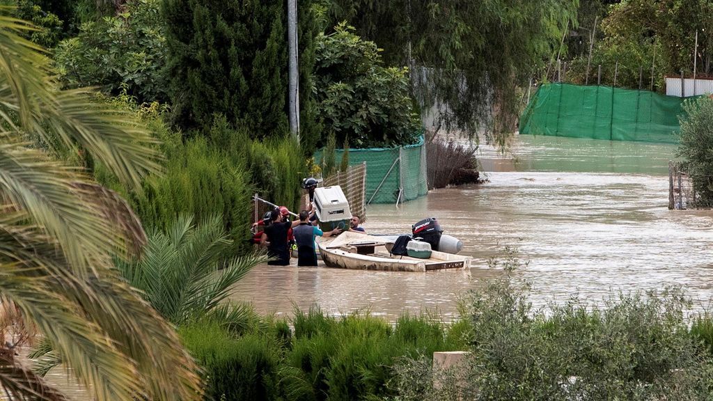 Bomberos y vecinos rescatan animales de las casas afectadas por el desbordamiento del rio Segura