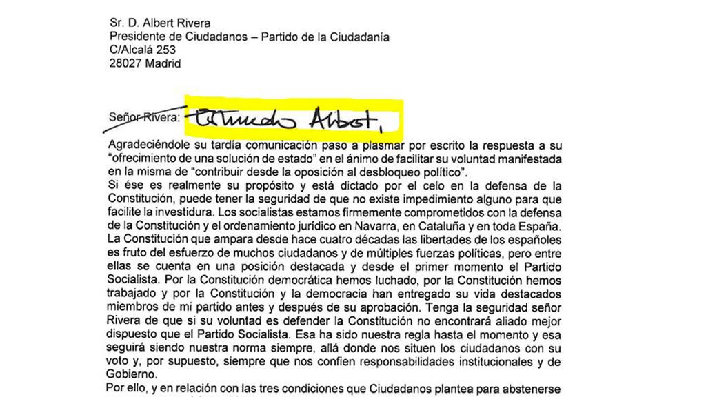 Carta de Pedro Sánchez a Rivera