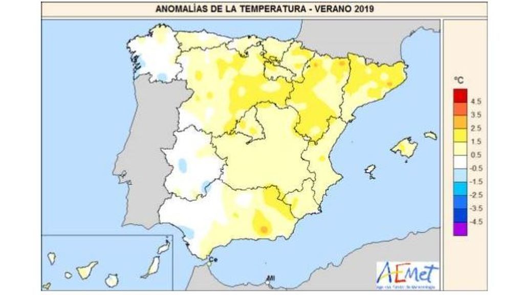 Anomalía de las temperaturas a lo largo del verano de 2019 / Aemet