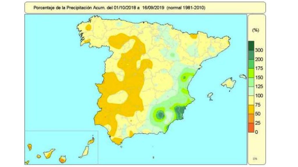 Porcentaje de precipitación acumulada del 1 de octubre 2018 al 16 de septiembre 2019 / Aemet