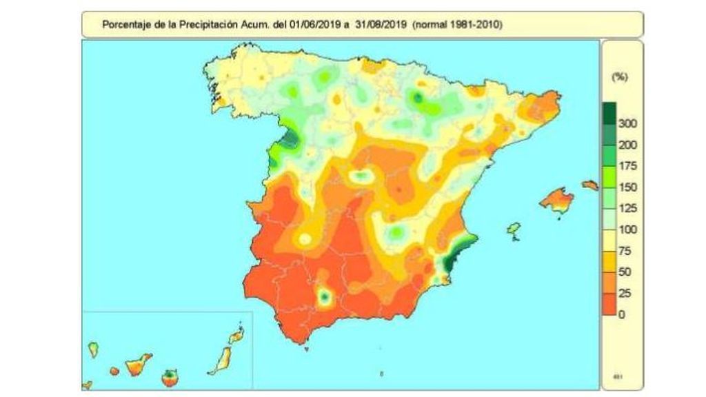 Porcentaje de precipitación del 1 de junio al 31 de agosto / Aemet