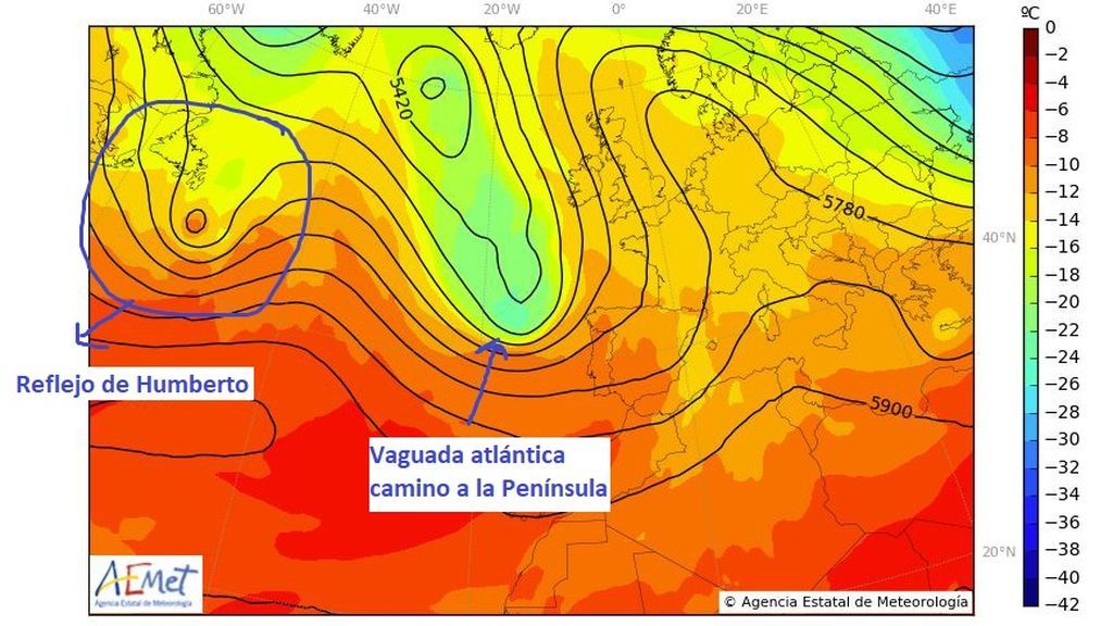 Temperatura y geopotencial en capas medias de la atmósfera (500 hPa) previstos para el sábado