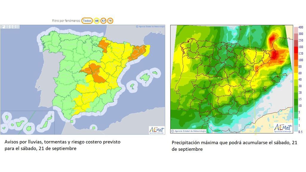 Avisos y precipitación máxima previstos para el sábado, 21 de septiembre / Aemet