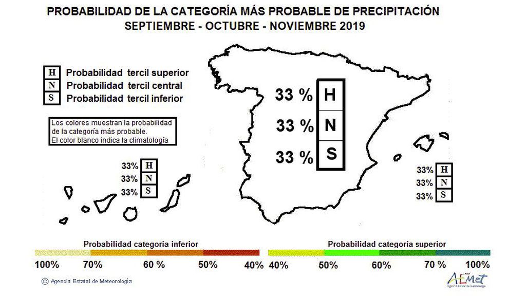 Probabilidad del carácter que tendrá el otoño en cuanto a precipitaciones (húmedo, normal o seco) / Aemet