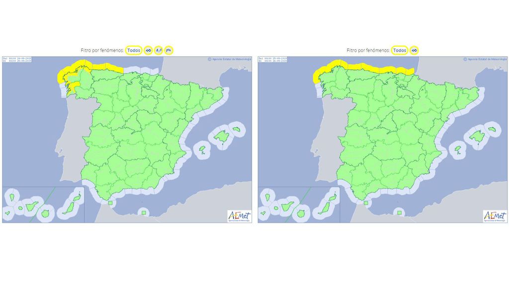 Avisos previstos para el martes y miércoles, respectivamente, por lluvias, viento y oleaje / Aemet