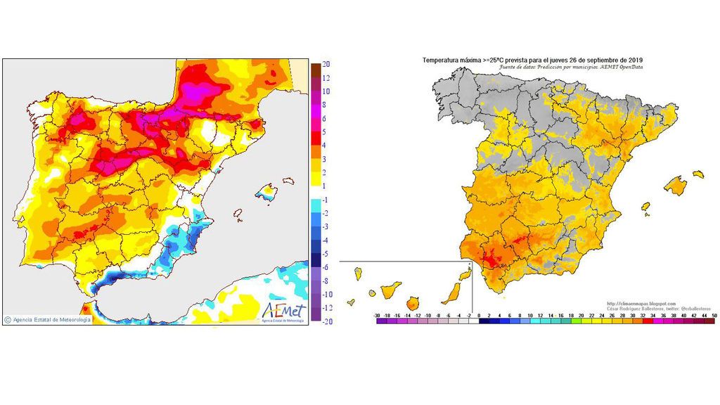 *Imagen: izda. Variación de las máximas prevista para el jueves; dcha. Anomalía de las máximas del jueves / Aemet / @crballesteros