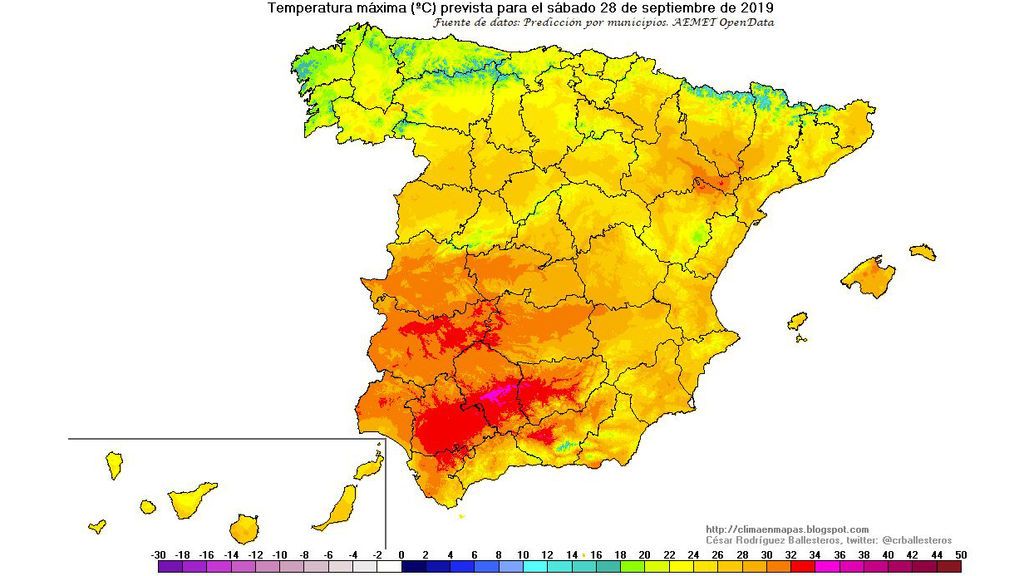 Temperaturas máximas previstas para el sábado, 28 de septiembre / Aemet