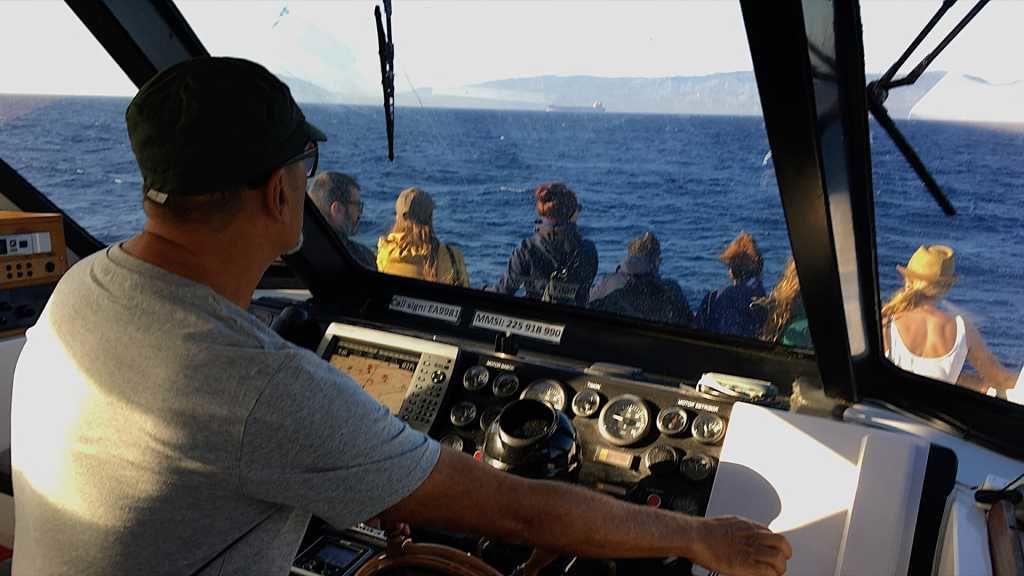 Paco Gil patroneando su embarcación de avistamiento de cetáceos