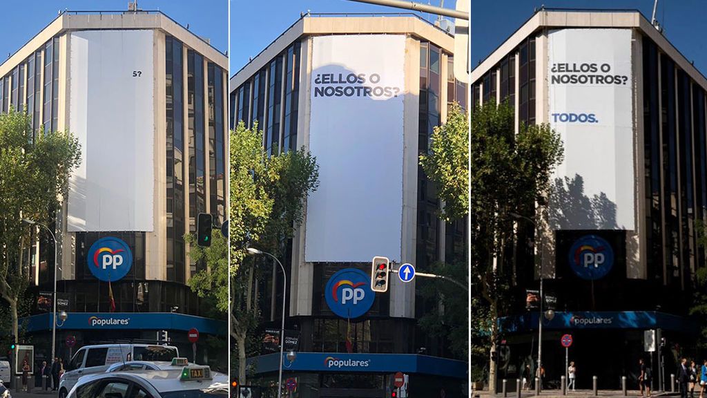 "¿Ellos o nosotros?", la pregunta que hace el PP en un cartel gigante instalado en su sede "¿Ellos o nosotros?", la pregunta que hace el PP en un cartel gigante instalado en su sede