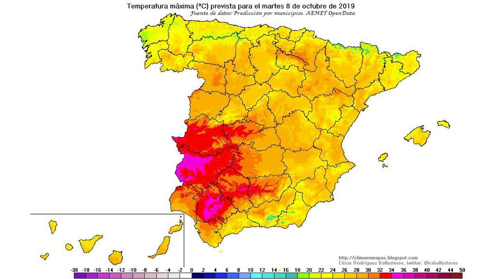 Temperaturas máximas previstas para el martes, 8 de octubre / @crballesteros