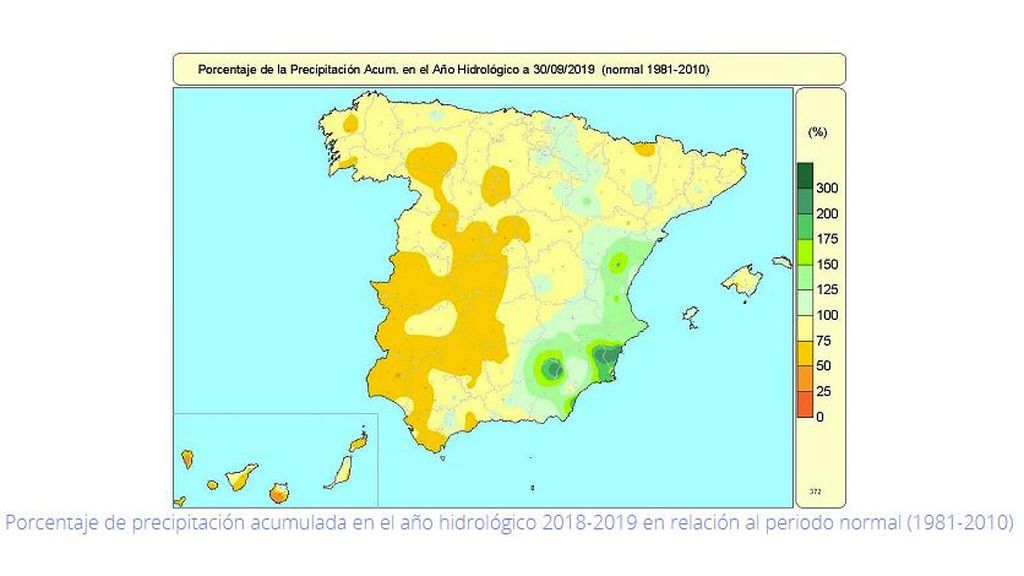 Porcentaje de precipitación acumulada en el año hidrológico 2018-19 en relación al periodo 1981-2010