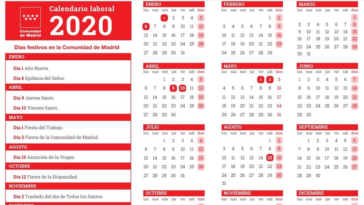 El calendario laboral de 2020 recoge 8 festivos comunes en toda España