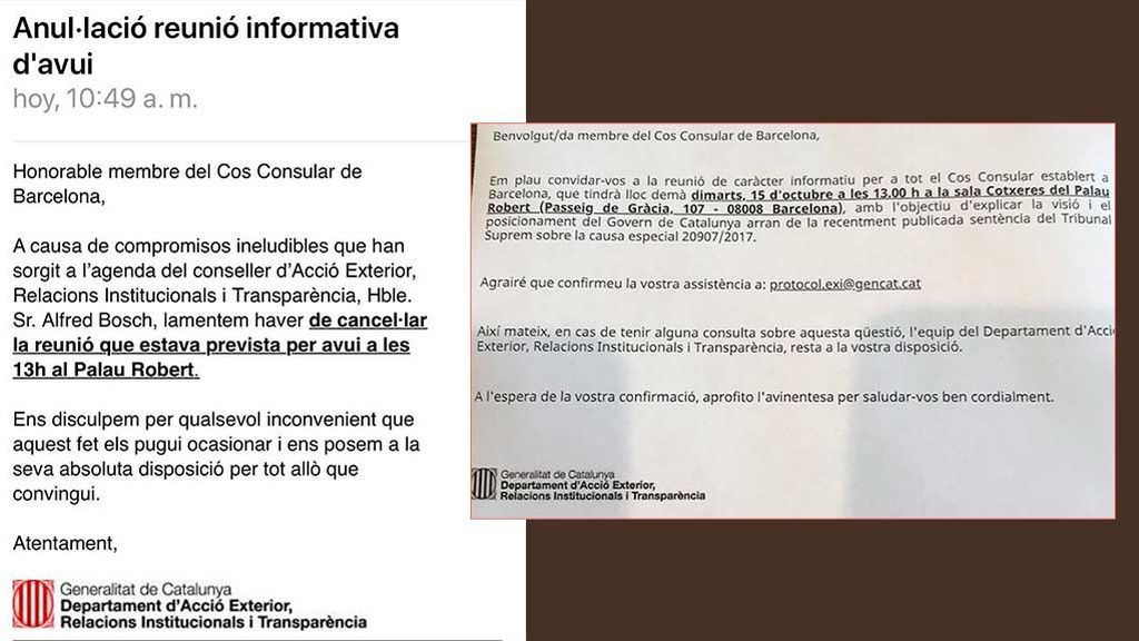 Convocatoria y posterior anulación de la reunión de la Generalitat con los cónsules Convocatoria y posterior anulación de la reunión de la Generalitat con los cónsules