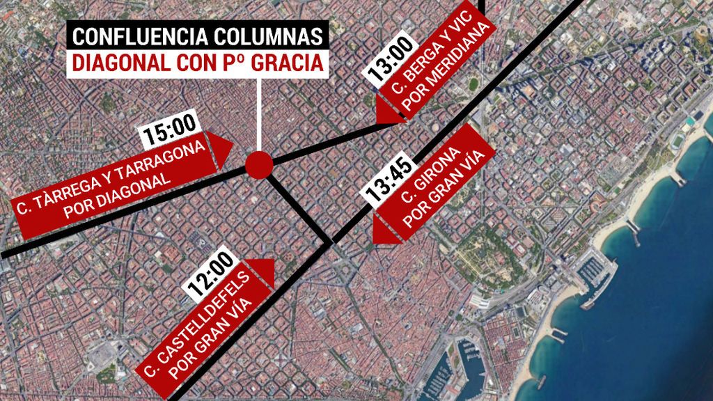 Seis columnas "por la libertad" llegan hoy a Barcelona por Diagonal, Meridiana y Gran Vía Seis columnas "por la libertad" llegan hoy a Barcelona por Diagonal, Meridiana y Gran Vía