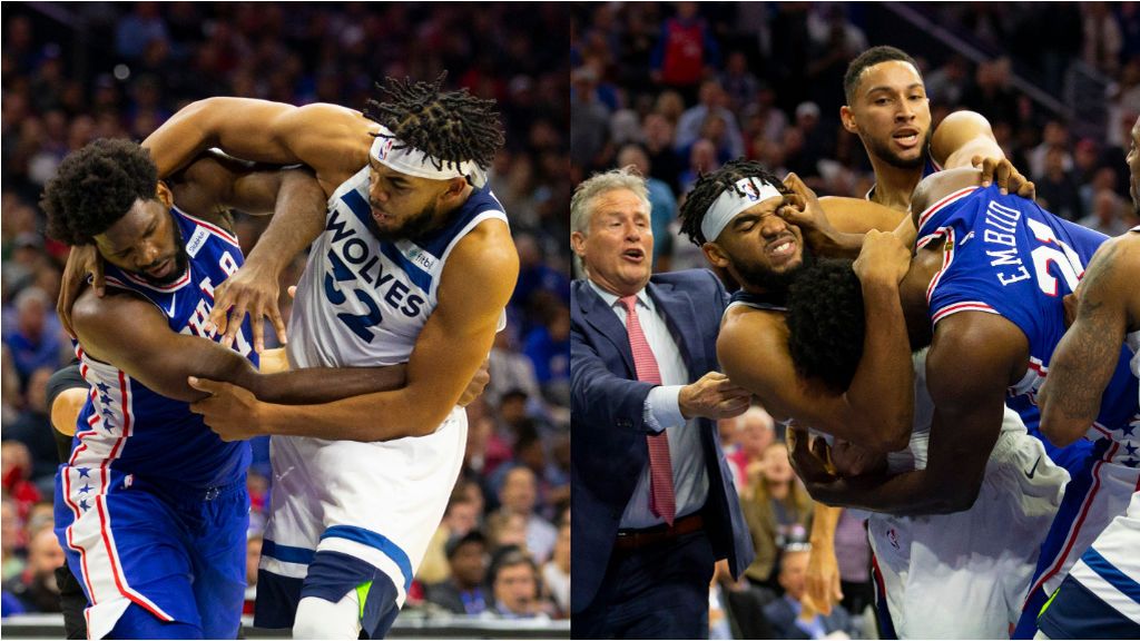 Joel Embiid y Karl Anthony Towns se enganchan en una brutal pelea: "Me criaron alrededor de leones y esta noche un gato tiró de mí" Joel Embiid y Karl Anthony Towns se enganchan en una brutal pelea: "Me criaron alrededor de leones y esta noche un gato tiró de mí"