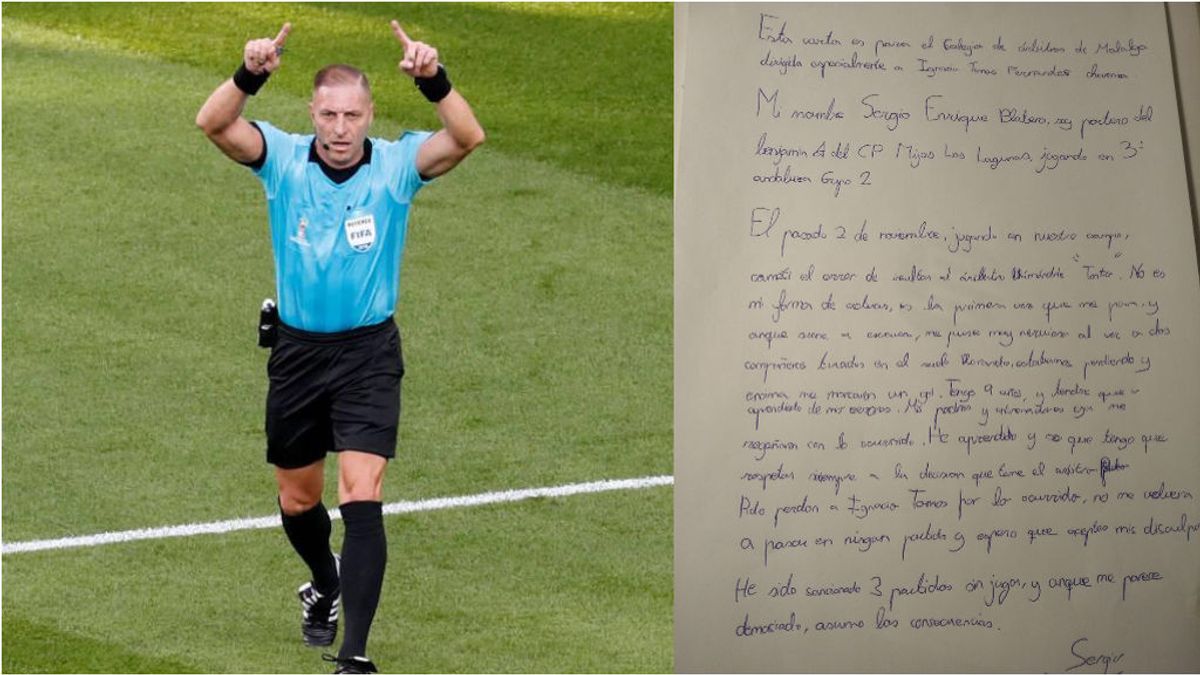 Un niño de 9 años pide perdón por carta a un árbitro después de expulsarle: "Mi padres ya me regañaron" Un niño de 9 años pide perdón por carta a un árbitro después de expulsarle: "Mi padres ya me regañaron"