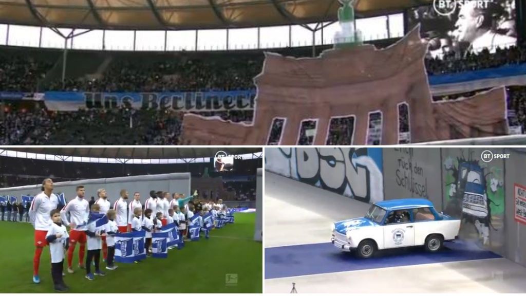 El Hertha homenajea la caída del Muro de Berlín con un tifo y una representación gigante El Hertha homenajea la caída del Muro de Berlín con un tifo y una representación gigante