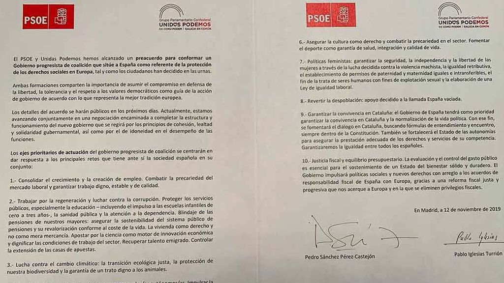 Imagen del acuerdo suscrito por el PSOE y Unidas Podemos
