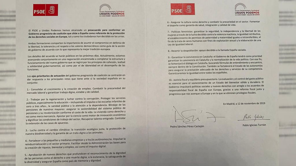 Texto del preacuerdo alcanzado entre Sánchez e Iglesias para un "Gobierno progresista"